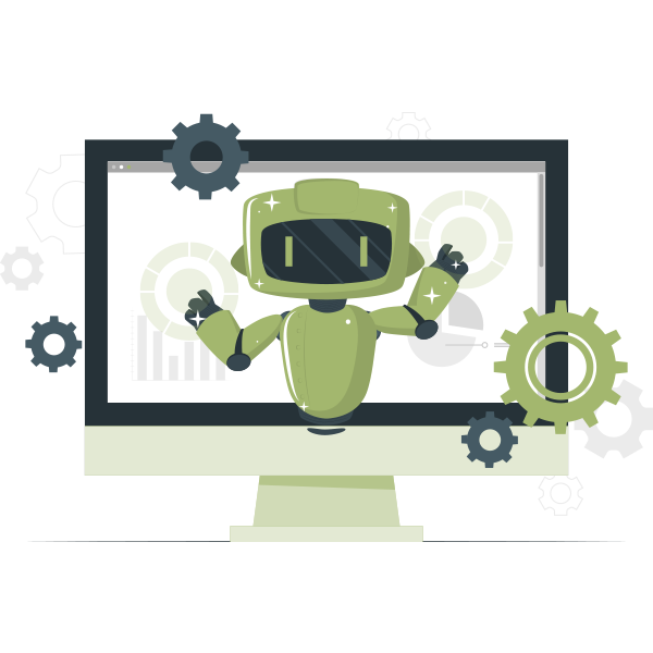 Ein grüner Roboter auf einem Computerbildschirm mit Zahnrädern. KI illustration.