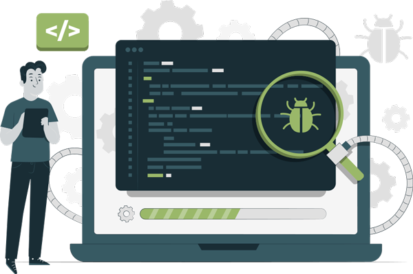 Ein IT-Experte prüft die Funktionalität einer Anwendung und den Code auf Bugs.